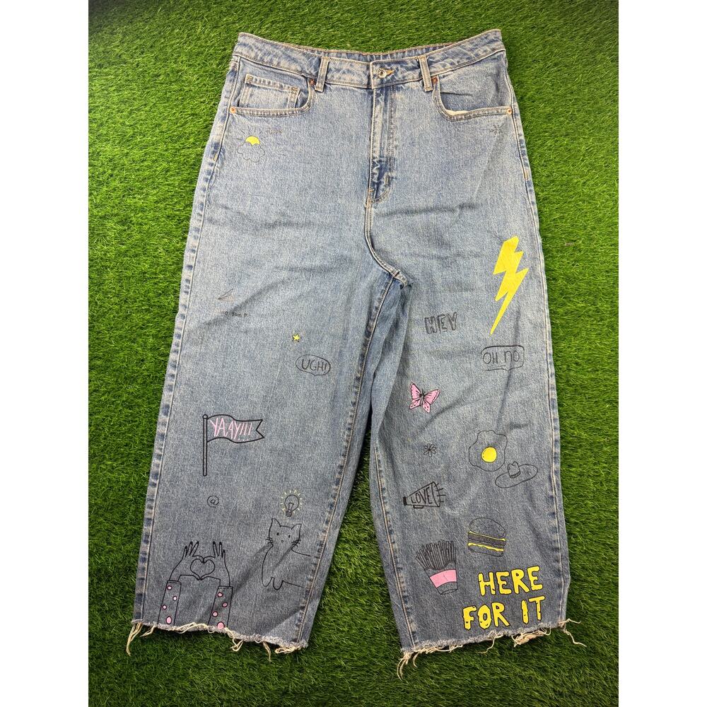 Wild Fable 16/33R High Rise Wide Leg Ankle Jeans Doodle Graphic Raw Hem Baggy